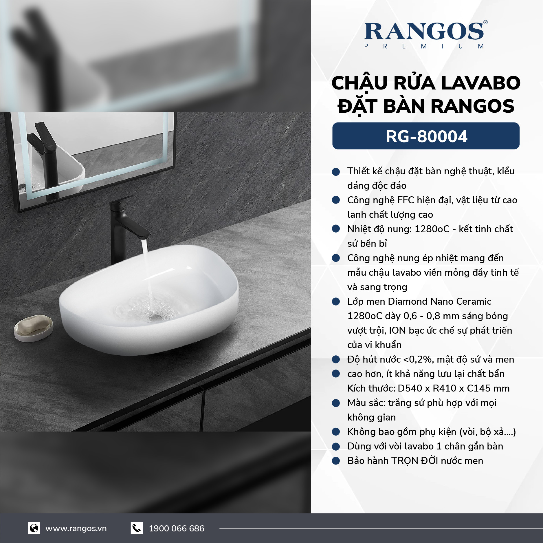 Chậu rửa lavabo đặt bàn Rangos RG-80004