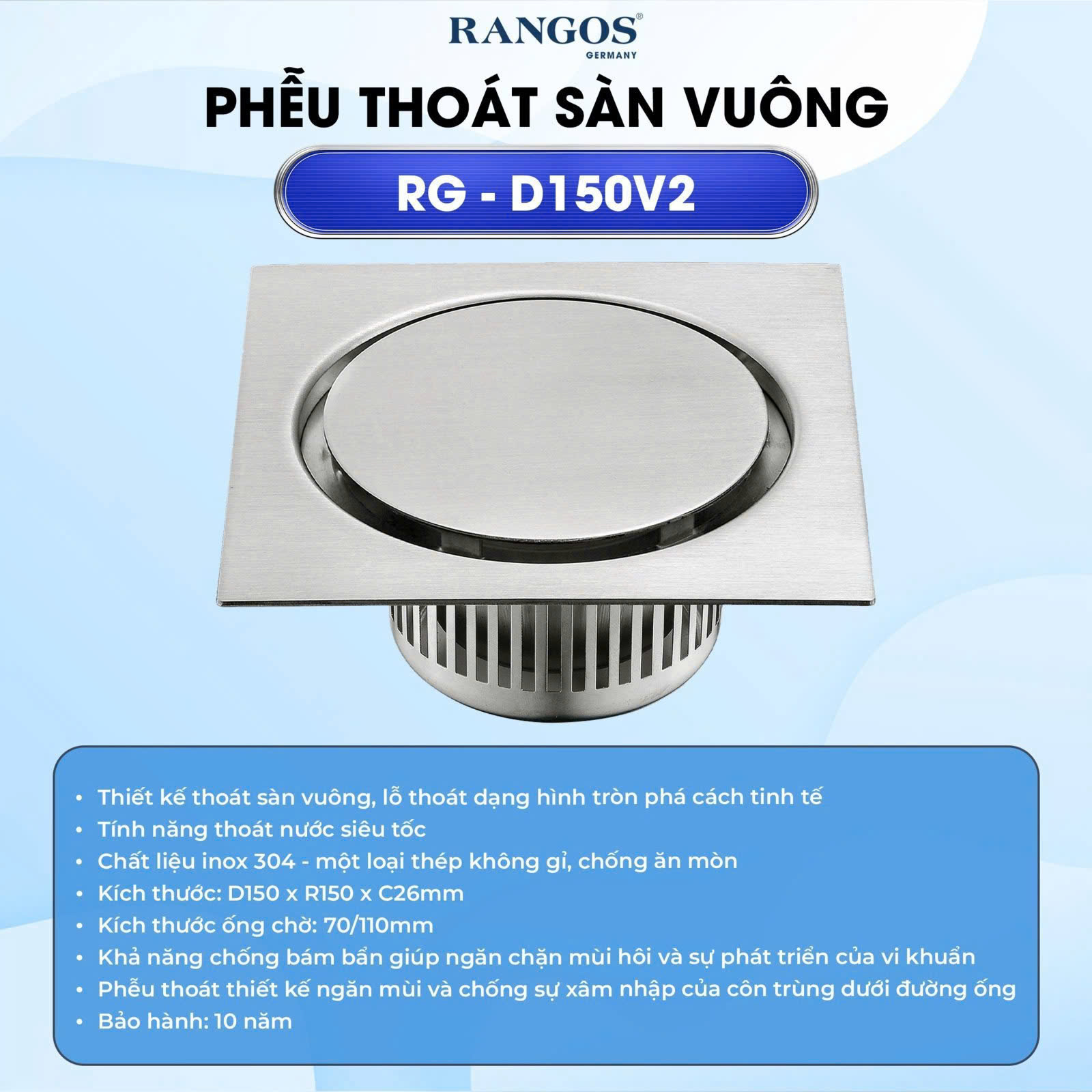 Thoát sàn nhà tắm cao cấp INOX 304 RG-D150V2