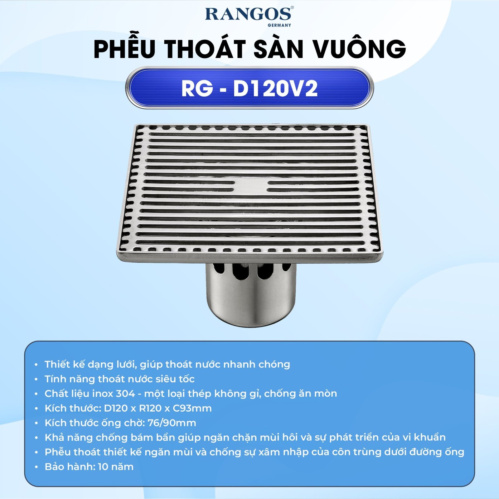 Thoát sàn nhà tắm cao cấp INOX 304 RG-D120V2