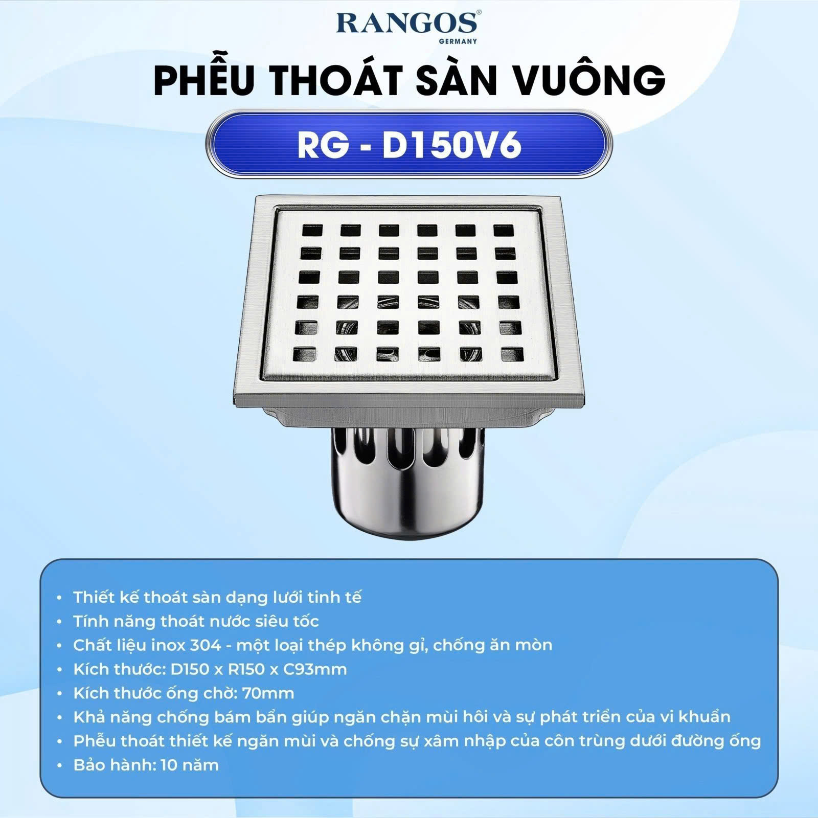 Thoát sàn nhà tắm cao cấp INOX 304 RG-D150V6