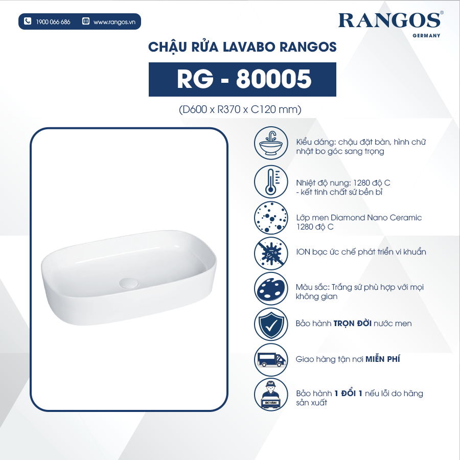 Chậu rửa lavabo đặt bàn Rangos RG-80005