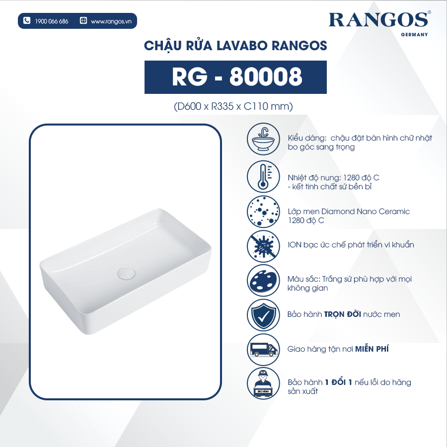 Chậu rửa lavabo đặt bàn Rangos RG-80008