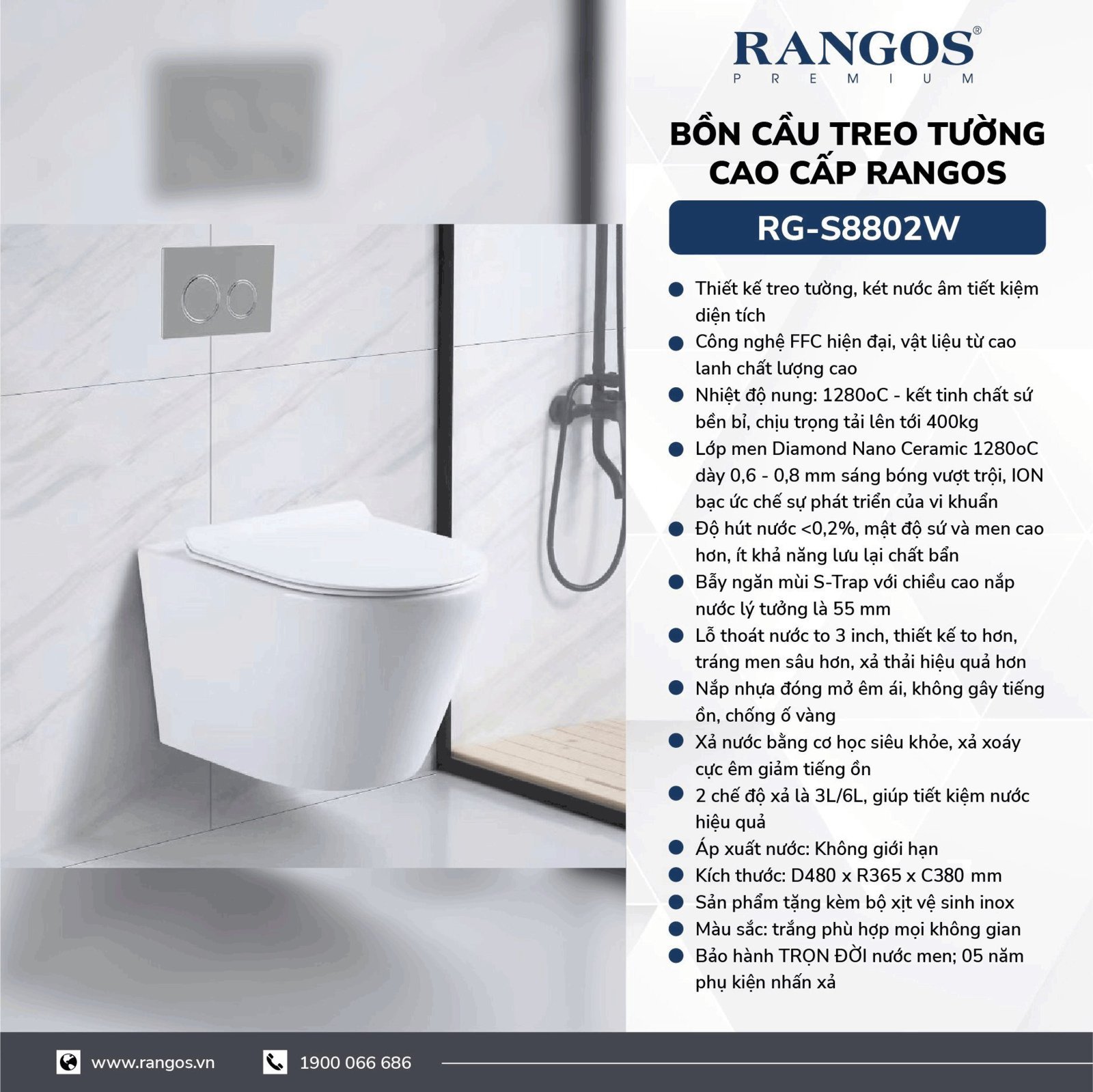 Bồn cầu treo tường cao cấp Rangos RG-S8802W