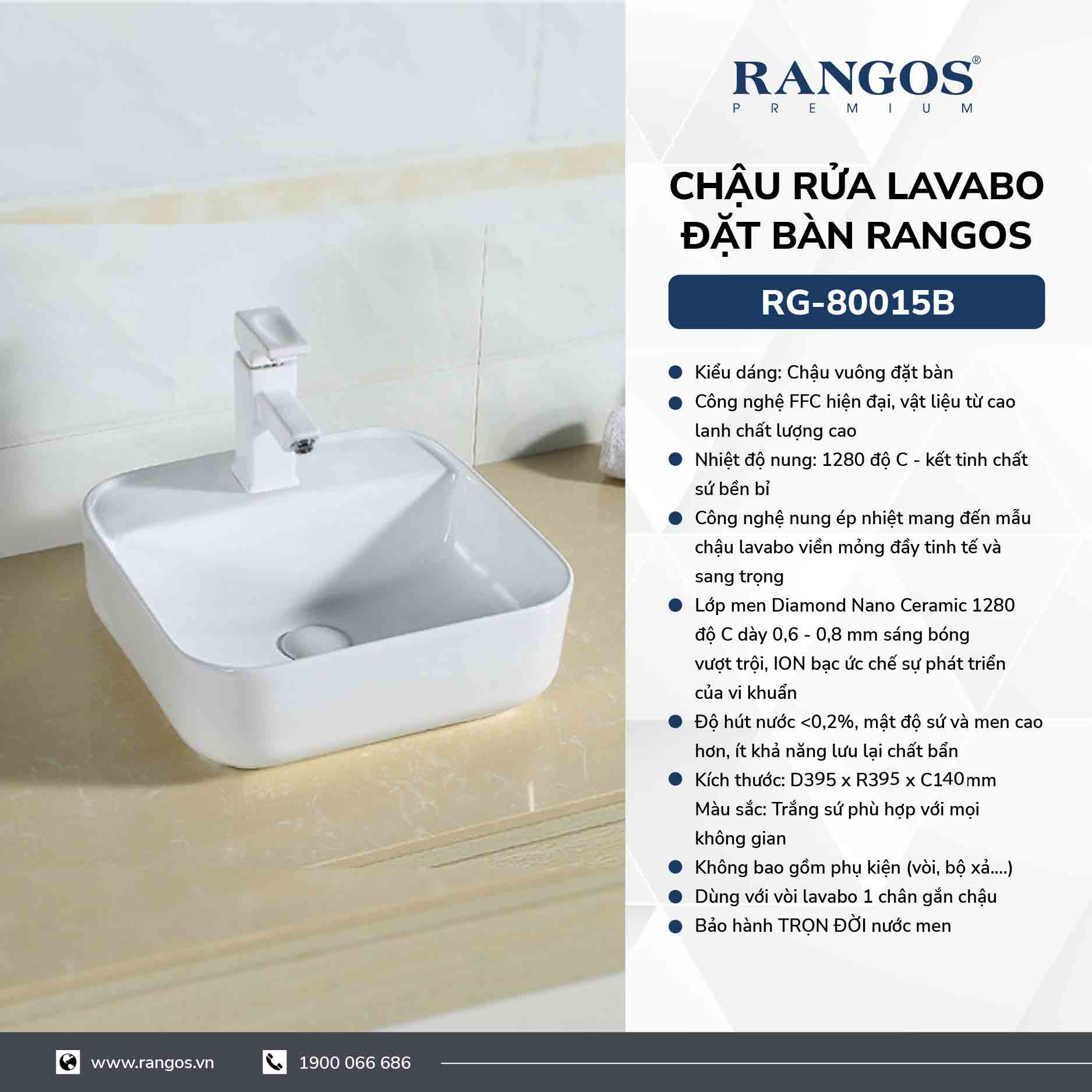 Chậu rửa lavabo đặt bàn Rangos RG-80015B