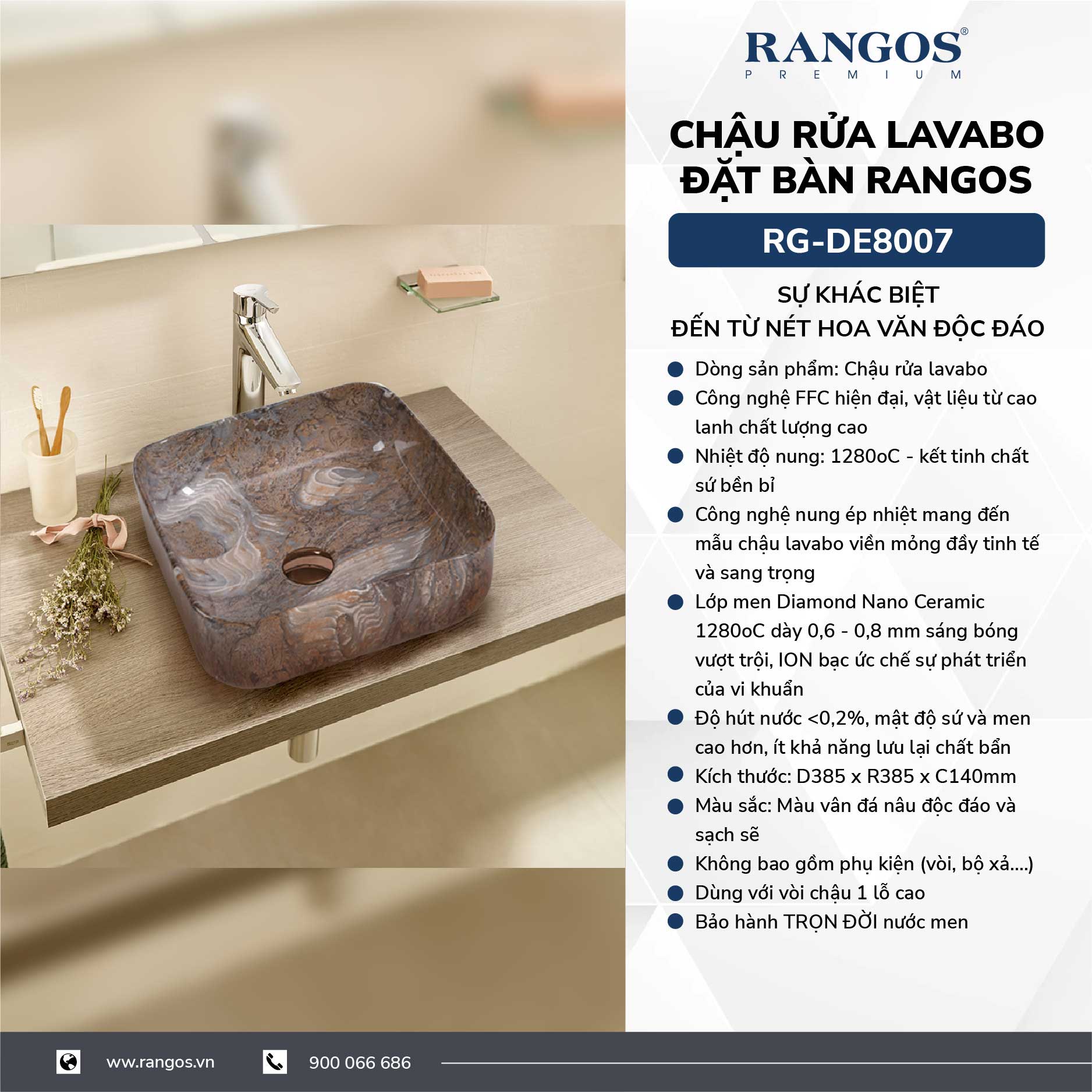 Chậu rửa lavabo đặt bàn Rangos RG-DE8007