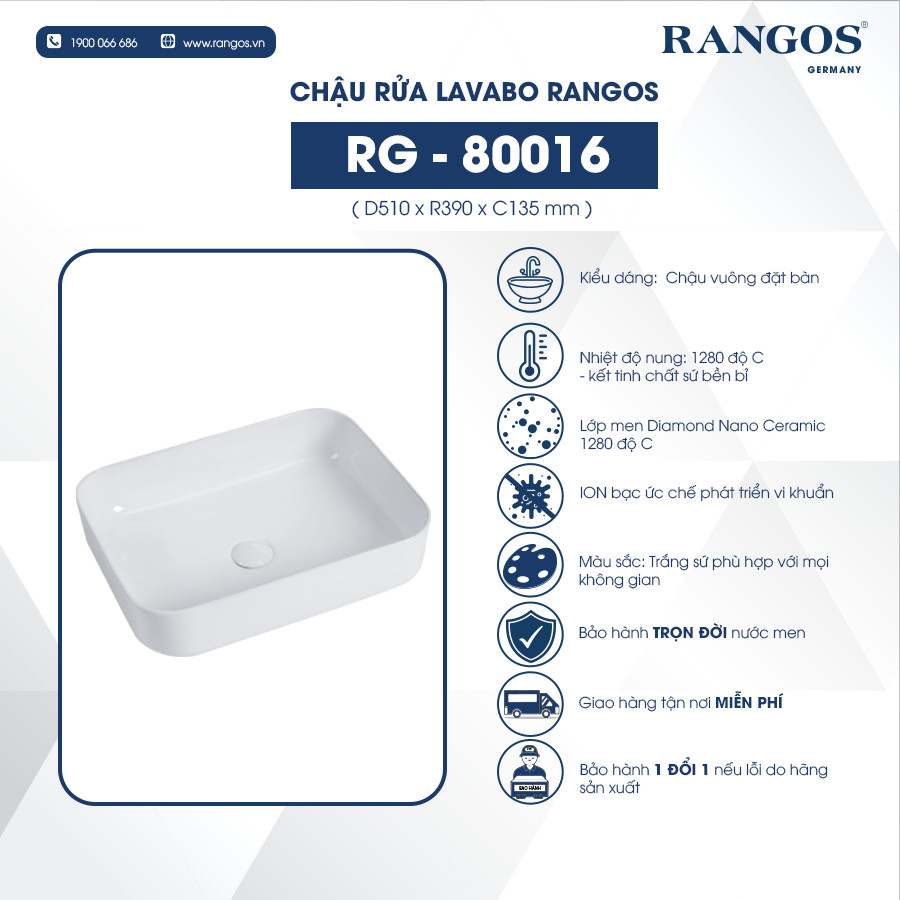 Chậu rửa lavabo đặt bàn Rangos RG-80016