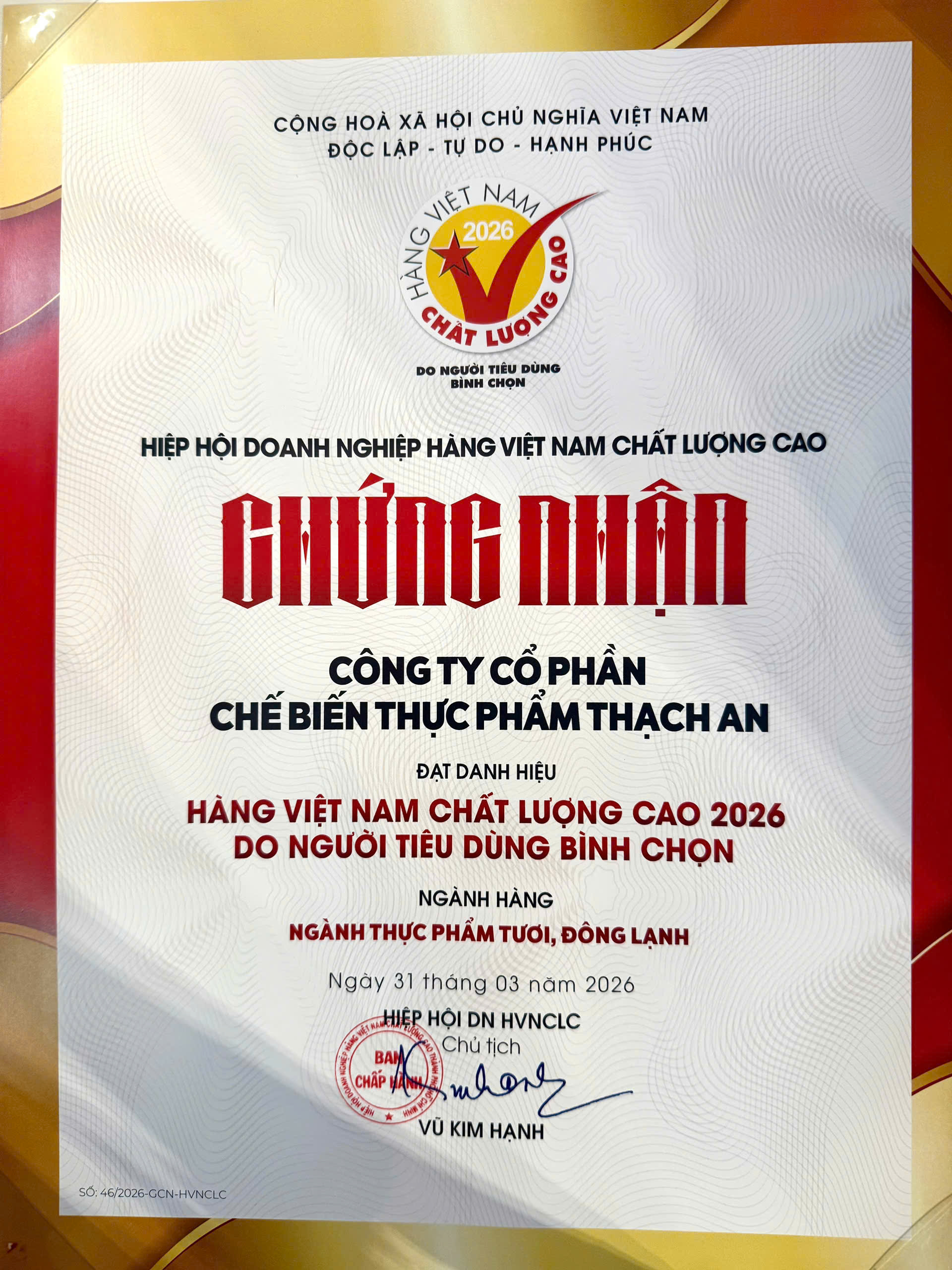THACHAN FOOD VINH DỰ ĐẠT DANH HIỆU “HÀNG VIỆT NAM CHẤT LƯỢNG CAO 2026” DO NGƯỜI TIÊU DÙNG BÌNH CHỌN