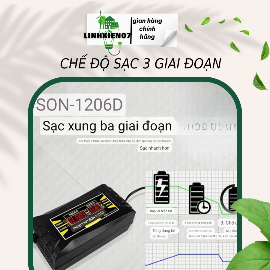 Sạc bình ắc quy 12V pin SUODER-SON 1206D tự ngắt khi đầy tránh khử Sunfat bảo vệ bình, chống chập chống ngượccực