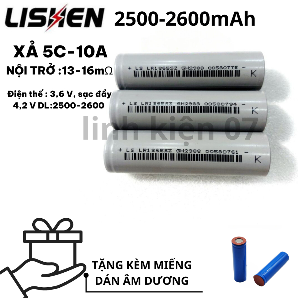 COMBO 2 Cell Pin Ls Lishen xám 2600mAh, Dòng xả cao 10A - Cell 18650 2600mah - Pin 18650_Bao tes dung lượng