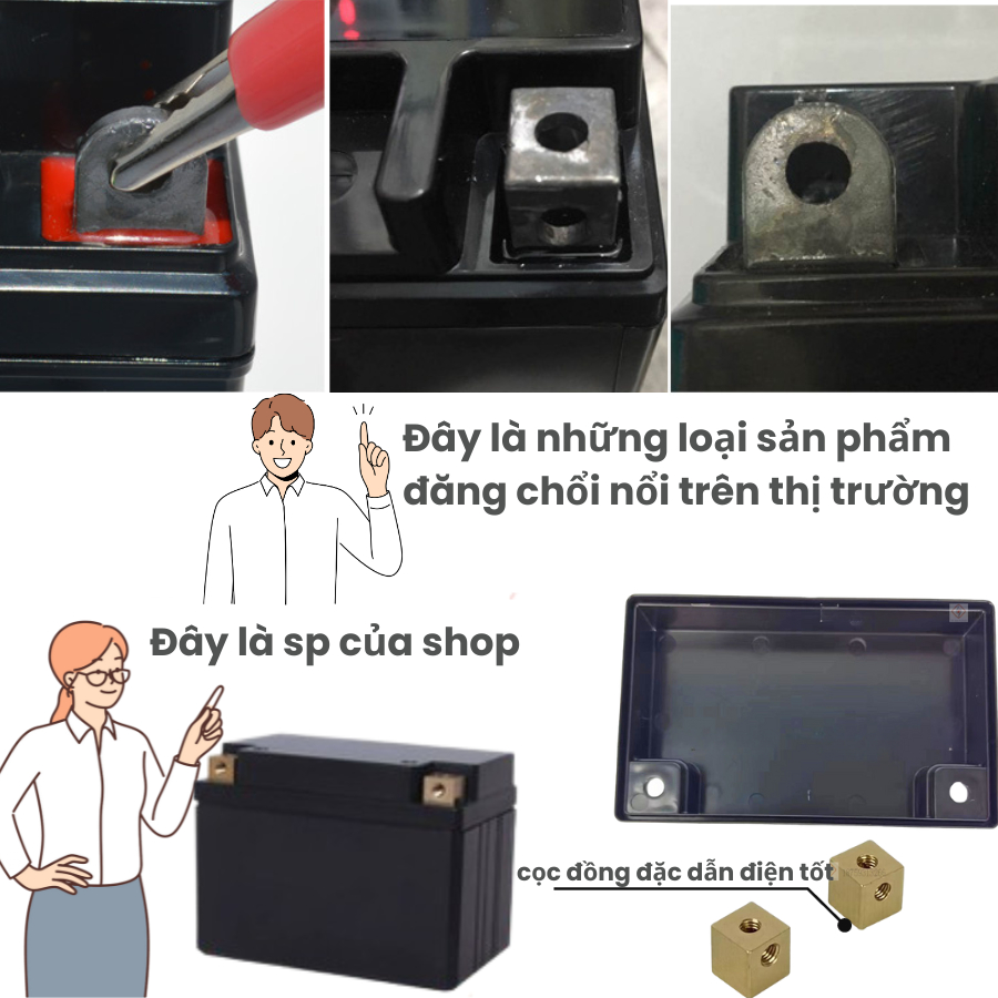 Bộ vỏ chế acquy xe máy phù hợp tất cả các loại xe YT4 , YT5 ,YT6, YT7 cọc đồng đặc nguyên khối - Nhựa ABS chống cháy