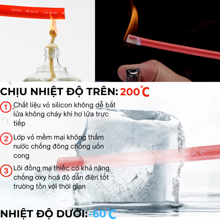 Dây điện AWG Silicone chống cháy chịu nhiệt cao chịu tải cao chuyên dùng câu bình acquy đóng Pin lipofe,pin xe điện