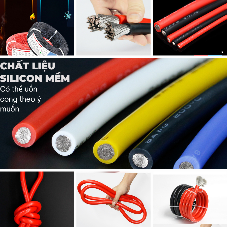 Dây điện AWG Silicone chống cháy chịu nhiệt cao chịu tải cao chuyên dùng câu bình acquy đóng Pin lipofe,pin xe điện