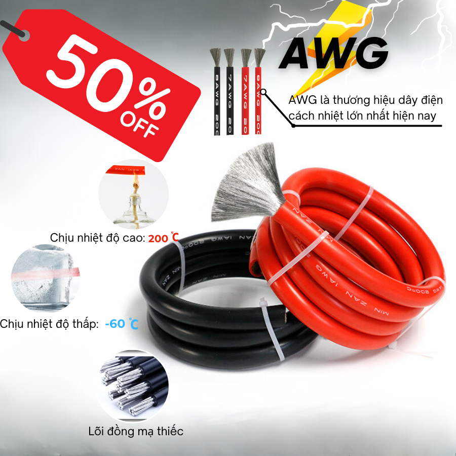 Dây điện AWG Silicone chống cháy chịu nhiệt cao chịu tải cao chuyên dùng câu bình acquy đóng Pin lipofe,pin xe điện