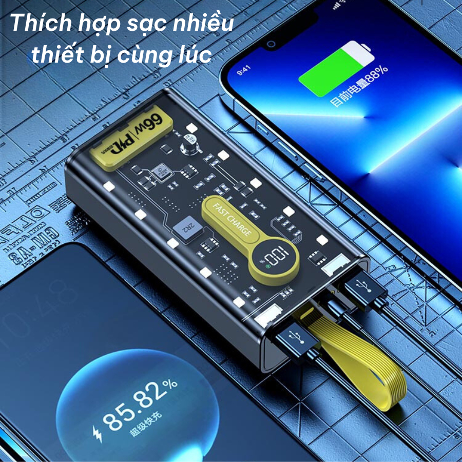 Sạc Dự Phòng 10000mAh-20000mAh-120W Sạc Siêu nhanh Với nhều Cổng Sạc Nhanh Thiết Kế trong suốt dùng bộ vi mạch thế hệ120