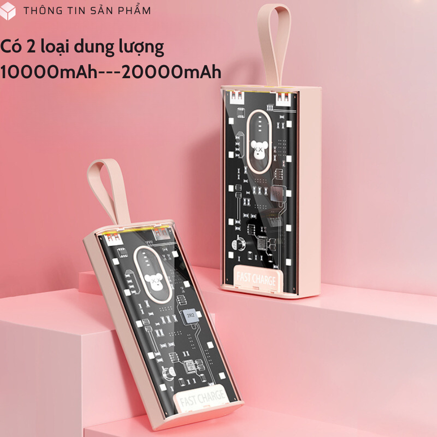 Sạc Dự Phòng 10000mAh-20000mAh,Chính hãng Techzone, cổng sạc 2A, Tích Hợp 4 Dây Sạc,Nhỏ Gọn Thời Trang