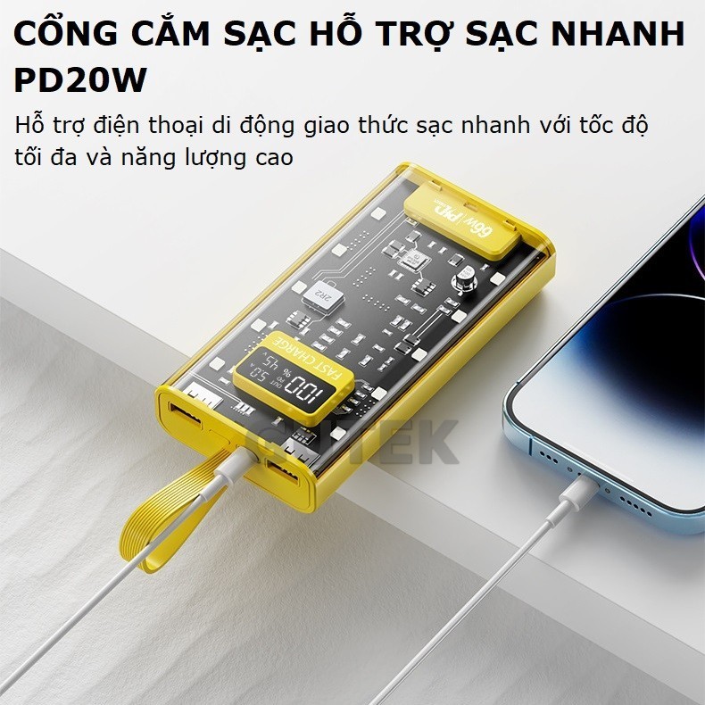 Sạc Dự Phòng HB32 20.000MAH , Sạc Nhanh PD 66W/20W , Thiết Kế Trong Suốt, Tích Hợp Đèn Ngủ, Bảo Hành 6 Tháng [1 Đổi 1