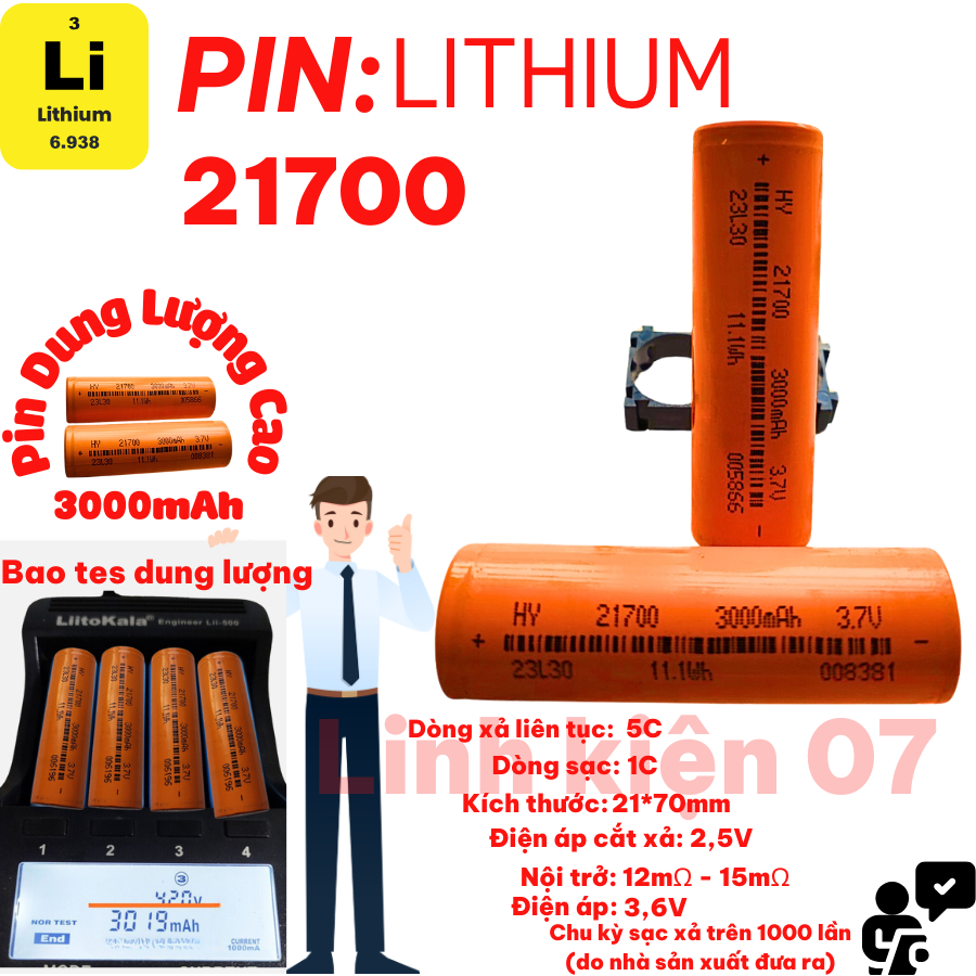 Pin Li-ion 21700 3000mAh lion 21700 pin 3, 7V 3ah 3C - Xả 15A