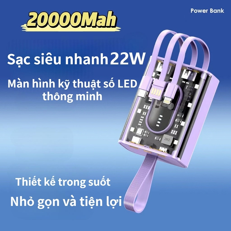 Sạc dự phòng 20000mAh Gutek YM694 dung lượng lớn trong suốt tích hợp dây sạc nhanh 2.1A cho nhiều thiết bị