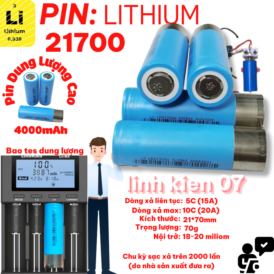 Cell Pin Tháo Khối 21700 Chính Hãng Lishen 4000mAh- Mã pin LR2170SA - Xả 12A~3C dùng làm pin lưu trữ công cụ pin xe điện