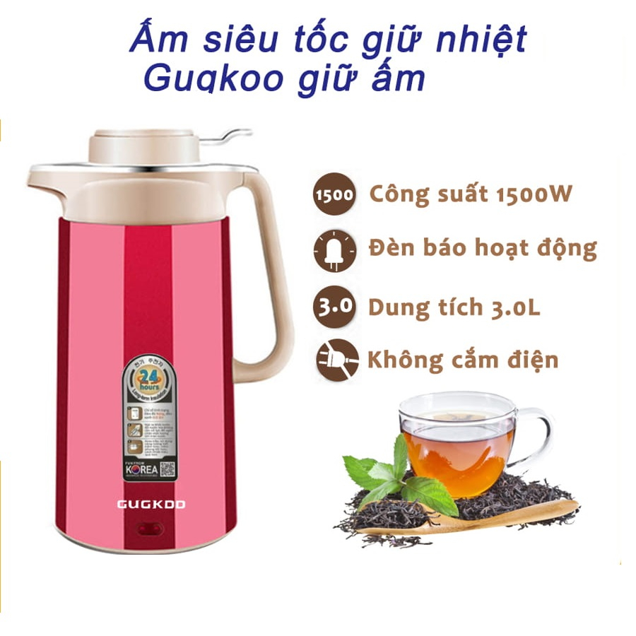 Ấm Siêu Tốc GUGKOO 3L 2 Lớp Chất Lượng Cao Cấp - Ấm Đun Nước Kèm Bình Giữ Nhiệt Không Gỉ Sôi Nhanh