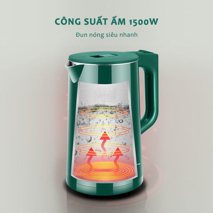 Ấm Siêu Tốc GUGKDD 2 Lớp, Công Suất Lớn 1500W, Ấm Đun Nước Siêu Tốc Dung Tích 2.5L An Toàn Tiết Kiệm Điện Bảo hành