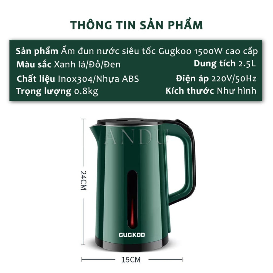 Ấm Siêu Tốc GUGKDD 2 Lớp, Công Suất Lớn 1500W, Ấm Đun Nước Siêu Tốc Dung Tích 2.5L An Toàn Tiết Kiệm Điện Bảo hành