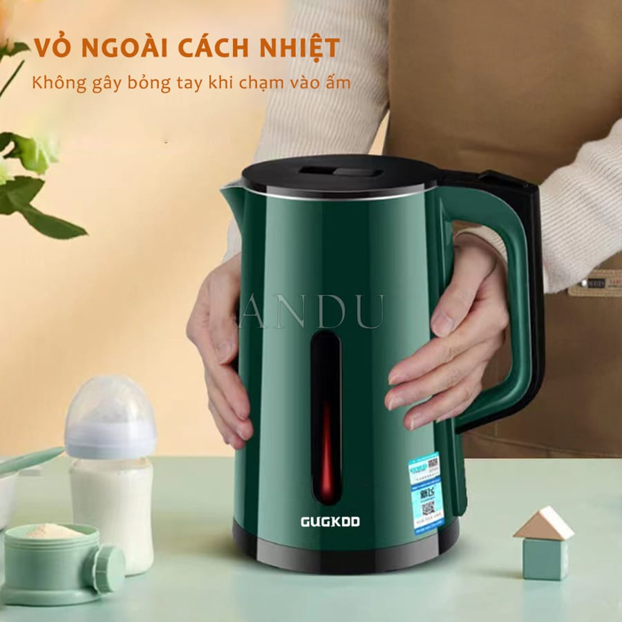 Ấm Siêu Tốc GUGKDD 2 Lớp, Công Suất Lớn 1500W, Ấm Đun Nước Siêu Tốc Dung Tích 2.5L An Toàn Tiết Kiệm Điện Bảo hành