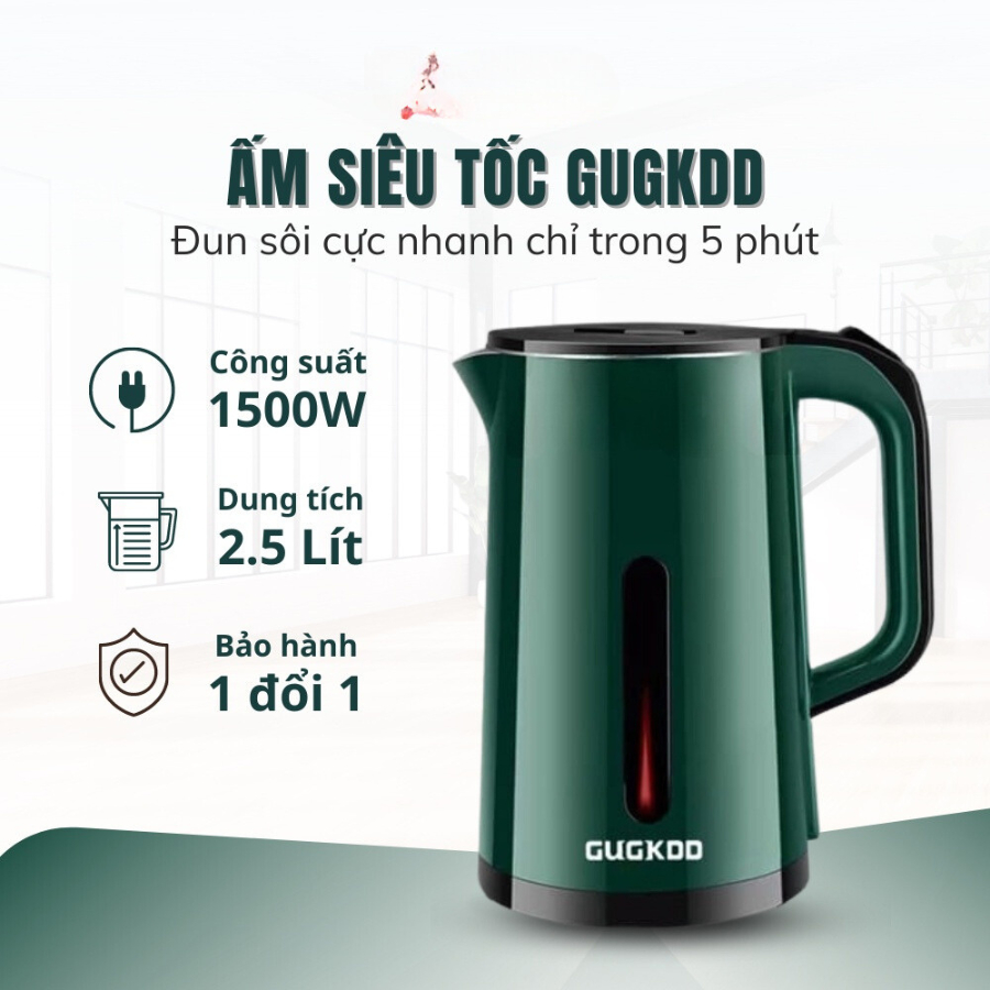 Ấm Siêu Tốc GUGKDD 2 Lớp, Công Suất Lớn 1500W, Ấm Đun Nước Siêu Tốc Dung Tích 2.5L An Toàn Tiết Kiệm Điện Bảo hành