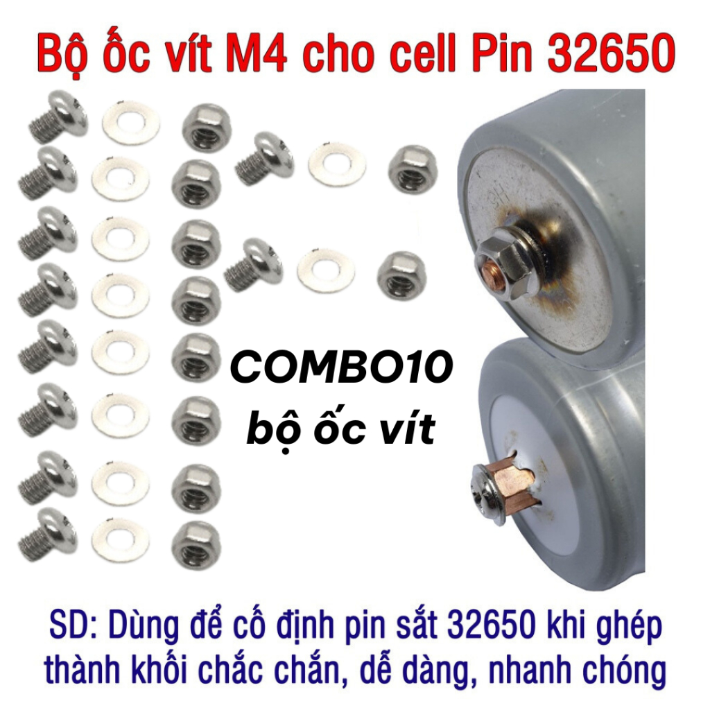 Bộ ốc vít M4 cho Pin sắt LifePO4 32650 pin đầu vít hàng cao cấp không rỉ, có chặn ren (10 cặp đôi)