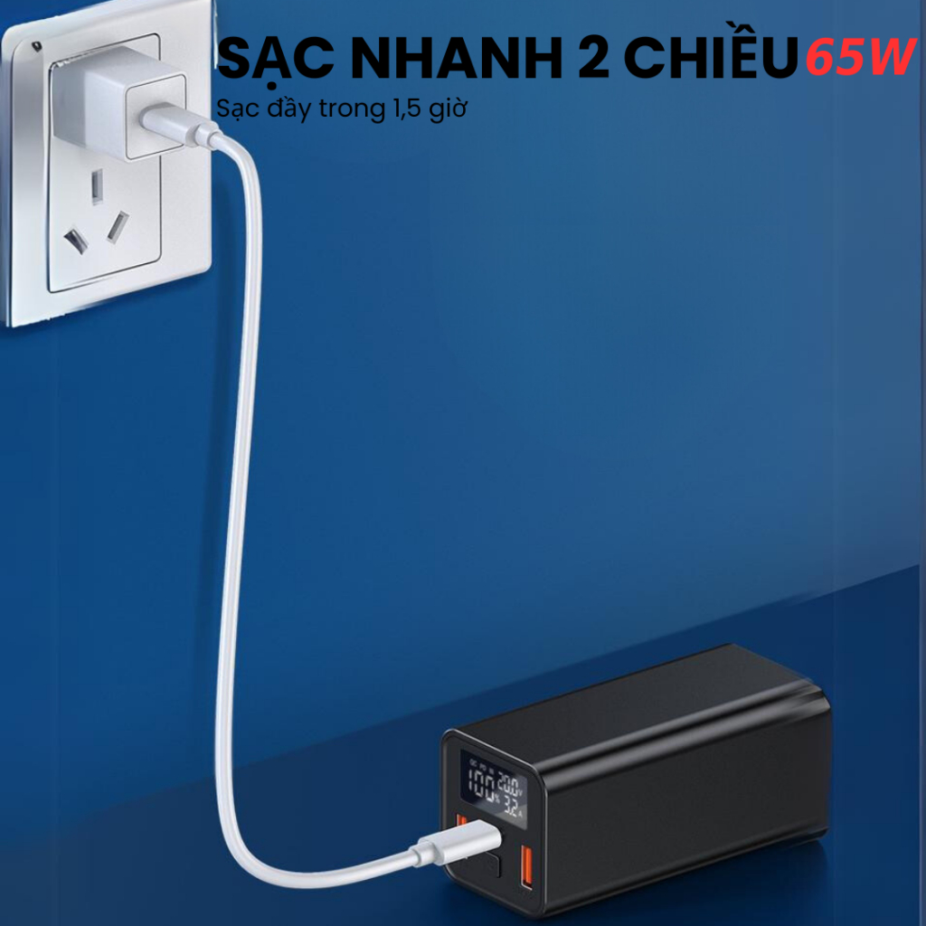 Box Sạc Dự Phòng Vỏ Nhôm 65w 20000mah 4 cell pin 21700 sạc siêu nhanh cho laptop Macbook điện thoại PD 65w 2 chiều