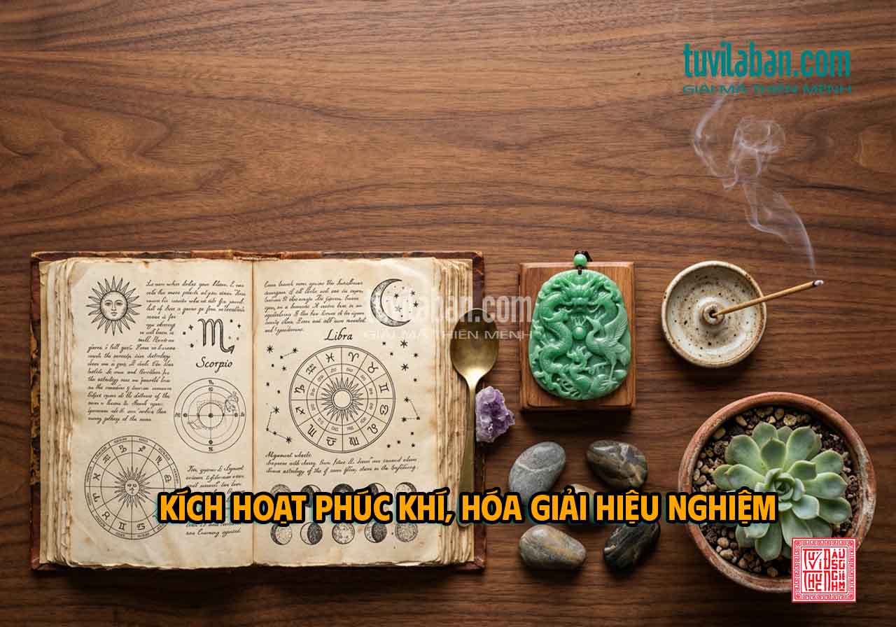 Ảnh flat-lay hóa giải, kích hoạt phúc khí khi Lộc Tồn ở cung Phúc Đức, vật phẩm phong thủy, sách tử vi, năng lượng tích cực