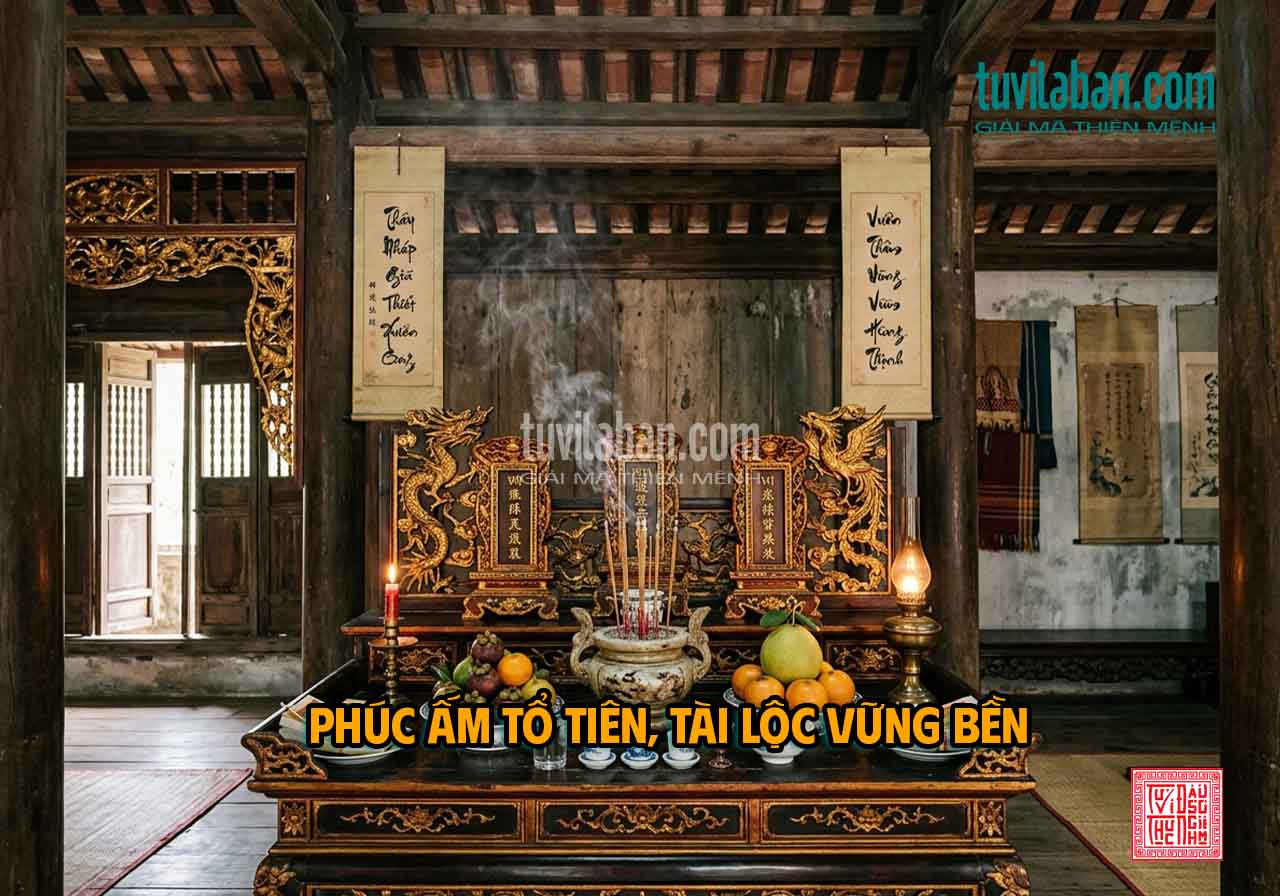 Hình ảnh miêu tả phúc ấm tổ tiên, tài lộc dòng họ khi Lộc Tồn ở cung Phúc Đức bản mệnh, kiến trúc cổ kính, linh thiêng