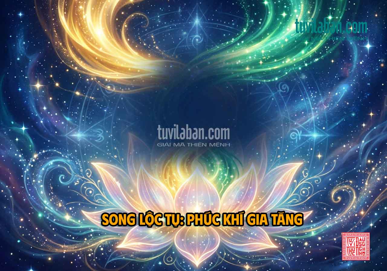 Minh họa Song Lộc Tụ (Lộc Tồn, Hóa Lộc) ở cung Phúc Đức, luồng sáng vàng xanh tượng trưng phúc khí, tài lộc dồi dào