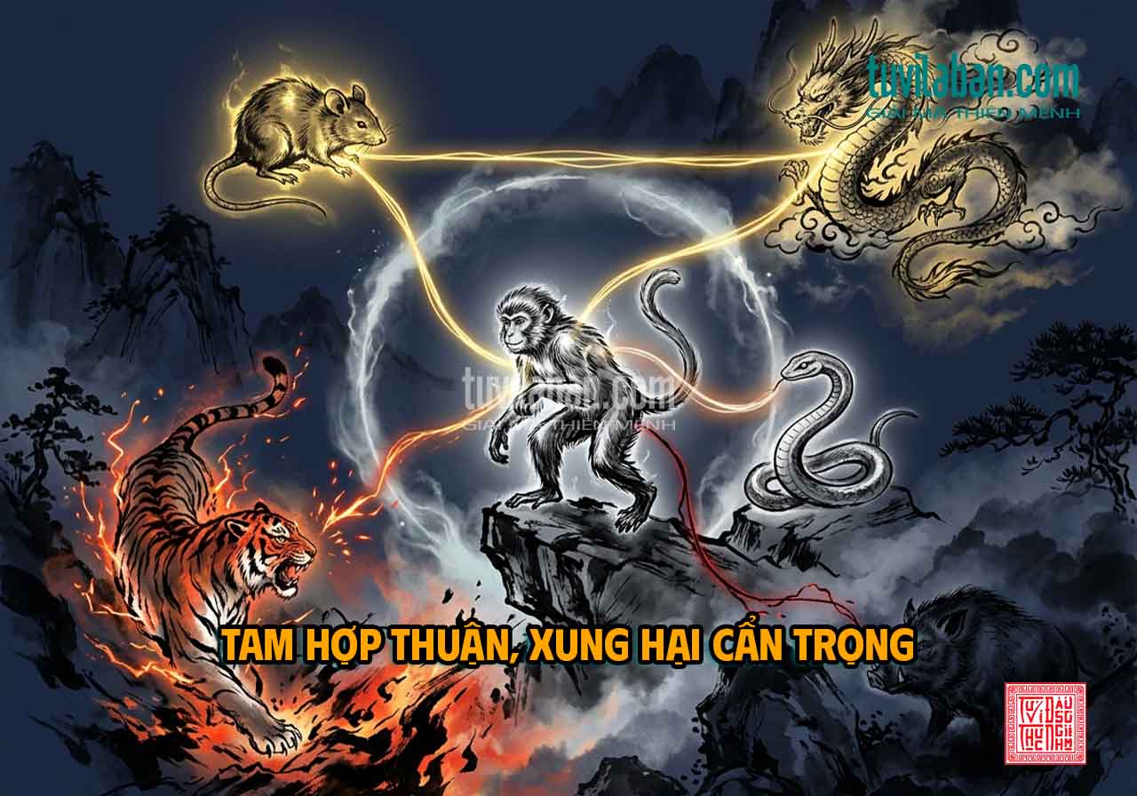 Tam hợp Thân Tý Thìn thuận lợi, lục hợp Tỵ Thân hợp tác tốt, xung Dần hại Hợi cần thận trọng tháng 7