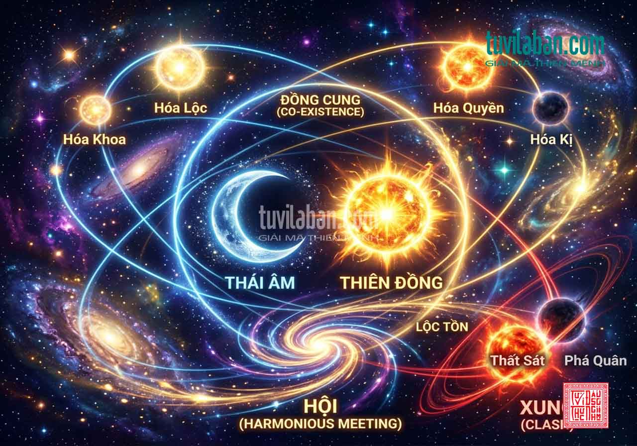 THÁI ÂM THIÊN ĐỒNG Gặp Sao Khác — Hội, Xung, Đồng Cung